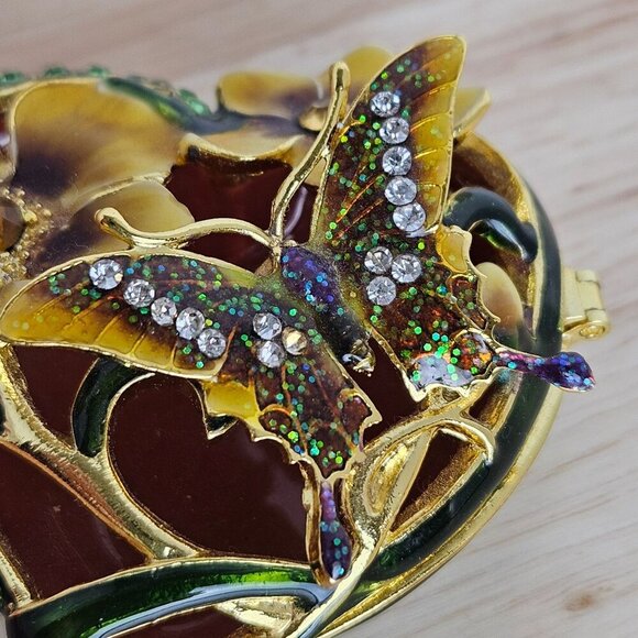 Enamel Heart Butterfly Flower Trinket Box With Rhinestones Hinged Lid Gold - Picture 3 of 8